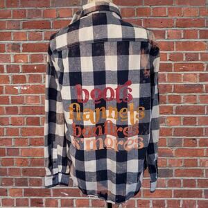 Boots Flannels Bonfires S'Mores Custom Distressed Flannel Shirt - Medium